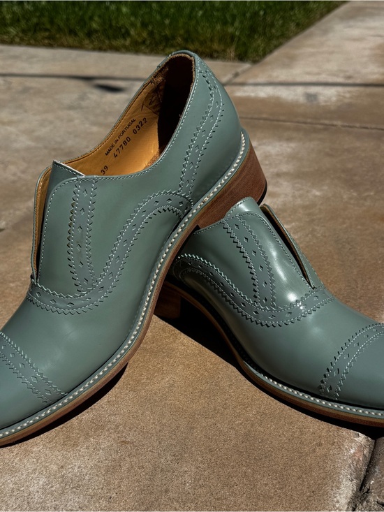 The Office Of Angela Scott Shoes - OFFICE OF ANGELA SCOTT Sage Green Leather Slip-On Dress Shoes